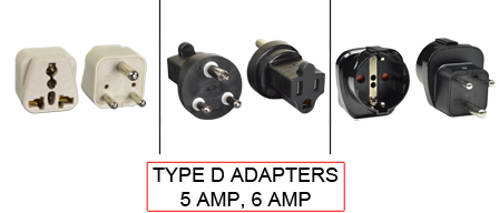 TYPE D Adapters are used in the following Countries:
<br>
Primary Country known for using TYPE D adapters is Afghanistan, India, South Africa.

<br>Additional Countries that use TYPE D adapters are 
Bangladesh, Botswana, Lesotho, Mozambique, Namibia, Nepal, Pakistan, Sri Lanka, Sudan, Swaziland.

<br><font color="yellow">*</font> Additional Type D Electrical Devices:

<br><font color="yellow">*</font> <a href="https://internationalconfig.com/icc6.asp?item=TYPE-D-PLUGS" style="text-decoration: none">Type D Plugs</a>

<br><font color="yellow">*</font> <a href="https://internationalconfig.com/icc6.asp?item=TYPE-D-CONNECTORS" style="text-decoration: none">Type D Connectors</a> 

<br><font color="yellow">*</font> <a href="https://internationalconfig.com/icc6.asp?item=TYPE-D-OUTLETS" style="text-decoration: none">Type D Outlets</a> 

<br><font color="yellow">*</font> <a href="https://internationalconfig.com/icc6.asp?item=TYPE-D-POWER-CORDS" style="text-decoration: none">Type D Power Cords</a> 


<br><font color="yellow">*</font> <a href="https://internationalconfig.com/icc6.asp?item=TYPE-D-POWER-STRIPS" style="text-decoration: none">Type D Power Strips</a>

<br><font color="yellow">*</font> <a href="https://internationalconfig.com/worldwide-electrical-devices-selector-and-electrical-configuration-chart.asp" style="text-decoration: none">Worldwide Selector. All Countries by TYPE.</a>

<br>View examples of TYPE D adapters below.